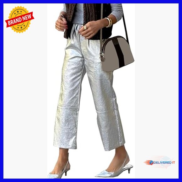 Straight Leg Metallic Trousers with Elastic Waist and Pockets for Office Casual